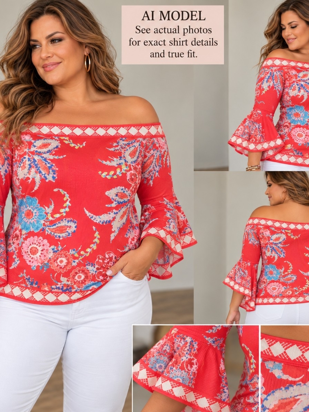 Boston Proper Coral/Orange Off-Shoulder Floral Bell-Sleeve Tunic